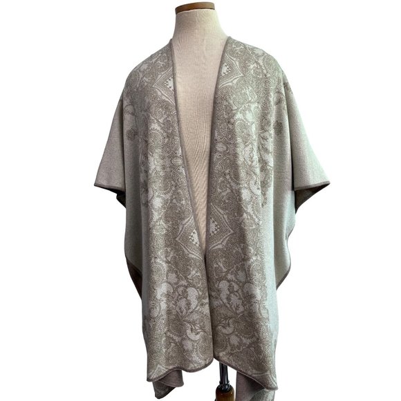 Chico's Large XL Reversible Knit Kimono Poncho Cape Sweater Paisley Tan Beige - Picture 2 of 12